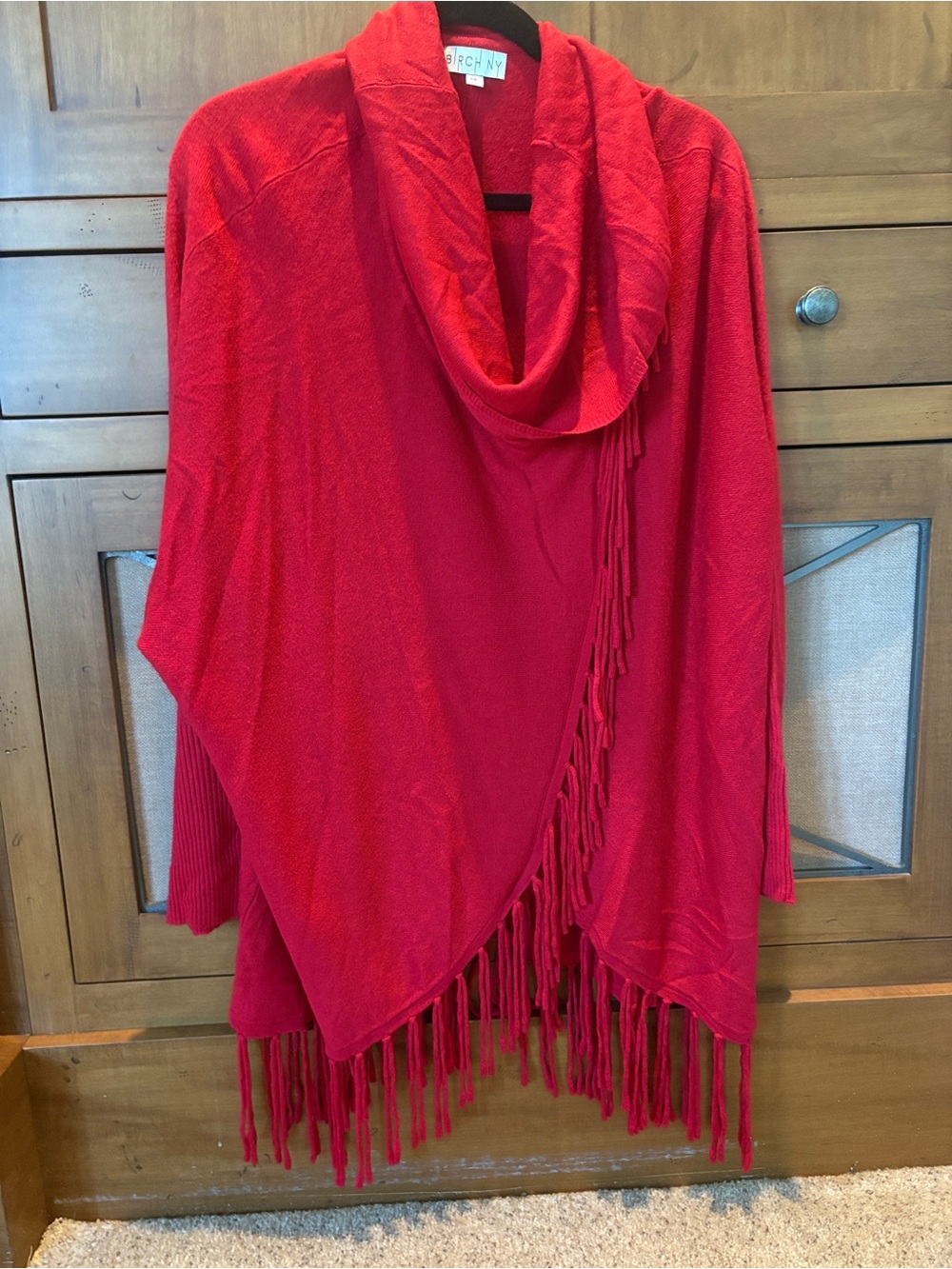 Red Fringe Cowl Neck Poncho Sweater by Arches?